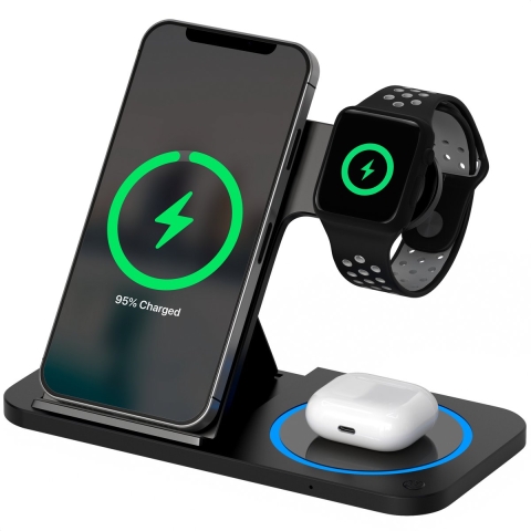 Strex 3-in-1 Draadloze Oplader - Oplaadstation - 15W Snellader - Opvouwbaar - Geschikt voor iOS&Android, Apple Watch, AirPods en Draadloze oortjes - Zwart