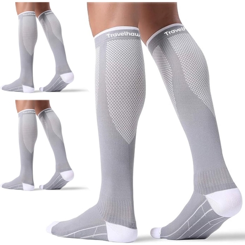 Travelhawk Compressiekousen Grijs - 3 Stuks - Hardloopsokken - Premium Compressiesokken - Running Socks - Vochtafdrijvend - Skisokken - Voorkom Blessures&Spierpijn - L/XL