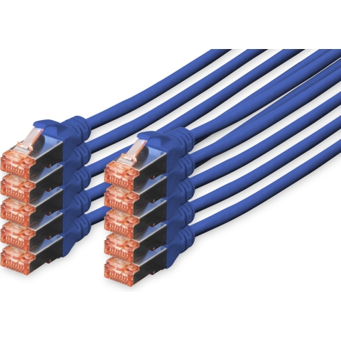 Digitus DK-1644-0025-B-10 RJ45 Netwerkkabel, patchkabel CAT 6 S/FTP 0.25 m Blauw Folie afscherming, Afscherming totaal, Afgeschermd, Halogeenvrij, Simplex,