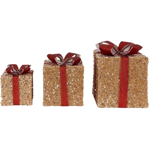 3 Verlichte Geschenkdozen - Goud Met Rode Strik - 15cm, 20cm, 25cm