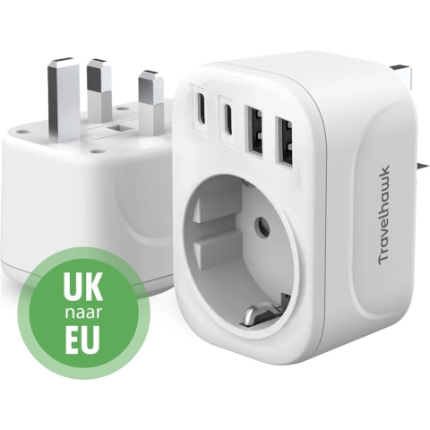 Travelhawk Reisstekker Engeland/UK - Wereldstekker - Reisstekker Type G - USB-C&USB-A - 2x USB-C - 2x USB-A - Wit