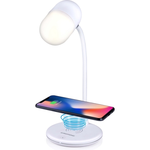 Grundig Bureaulamp Led 3-in-1 - Draadloze Telefoonoplader Qi Technologie - Bluetooth Speaker - Leeslamp - Wit