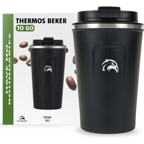 Travelhawk RVS Koffiebeker To Go - Thermosbeker - Theebeker - Koffiebekers To Go - 380ml - Zwart