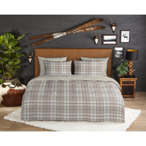 Good Morning Dekbedovertrek"geruite print"- Zand - (200x200/220 cm) - Katoen Flanel