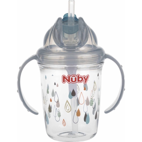 Nuby Drinkbeker m. Handvat en Rietje - 240 ml - Grijs m. Print - Nuby - OneSize - Beker