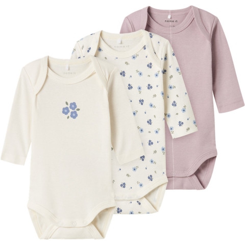 Name It Rompers L/æ - Noos - NbfBody - 3-pack - Jet Stream Flowe - Name It - 1 jaar (80) - Romper L/S