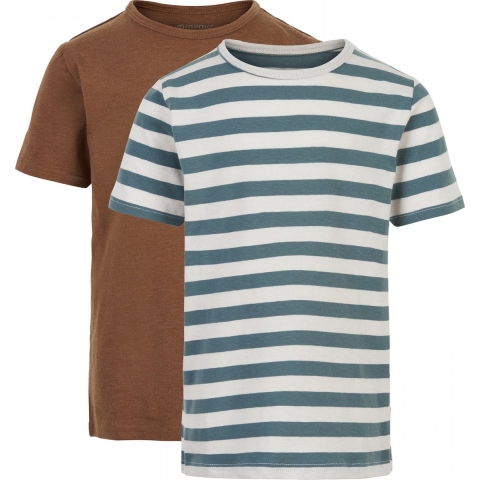 Minymo T-Shirt - 2-pack - Wit/Groen Gestreept/Toffee - Minymo - 11 jaar (146) - T-Shirt