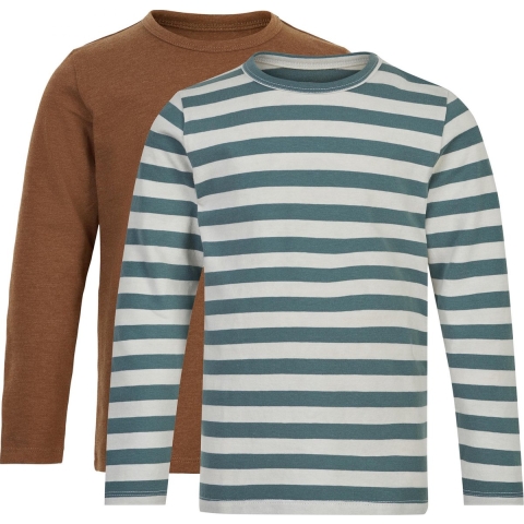 Minymo Blouse - 2-pack - Wit/Groen Gestreept/Toffee - Minymo - 1 jaar (80) - Blouse