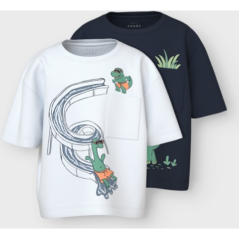 Name It T-Shirt - NmmVilian - 2-pack - Navy Blazer m. Print - Name It - 7-8 jaar (122-128) - T-Shirt