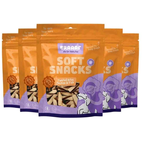 5x Braaaf Twisted Bites Hondensnack Kip - Vis 85 gr