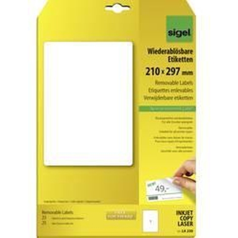Sigel LA230 Universele etiketten 210 x 297 mm Papier Wit 25 stuk(s) Weer verwijderbaar Inkjet, Laser (zwart/wit), Laser (kleur), Kopiëren (zwart/wit), Kopiëren