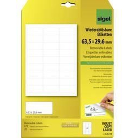 Sigel LA210 Universele etiketten 63.5 x 29.6 mm Papier Wit 675 stuk(s) Weer verwijderbaar Inkjet, Laser (zwart/wit), Laser (kleur), Kopiëren (zwart/wit),