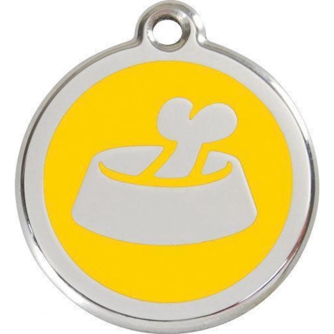 Bone in Bowl Yellow roestvrijstalen hondenpenning medium/gemiddeld dia. 3 cm - Reddingo