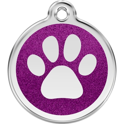 Paw Print Purple glitter hondenpenning medium/gemiddeld dia. 3 cm - Reddingo