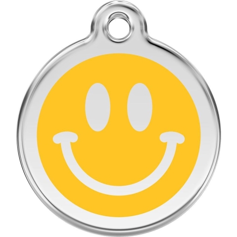 Smiley Face Yellow roestvrijstalen hondenpenning medium/gemiddeld dia. 3 cm - Reddingo