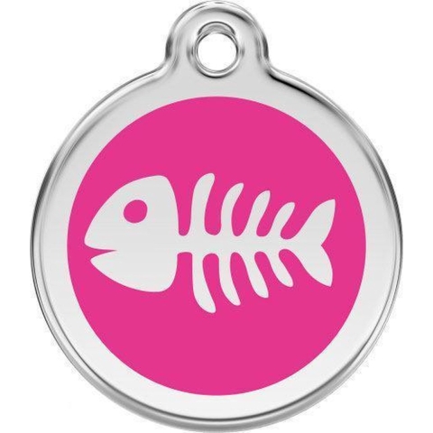 Fish Skeletton Hot Pink roestvrijstalen hondenpenning small/klein dia. 2 cm - Reddingo