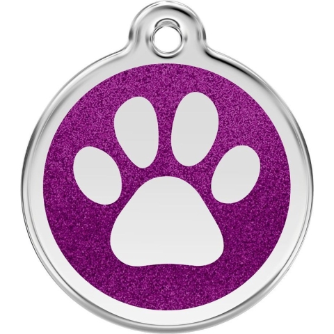 Paw Print Purple glitter hondenpenning large/groot dia. 3,8 cm - Reddingo