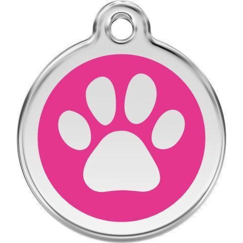 Paw Print Hot Pink roestvrijstalen hondenpenning large/groot dia. 3,8 cm - Reddingo