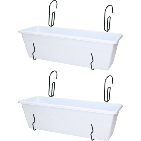 2x stuks hangende reling Plantenbakken wit rechthoekig 50 x 17 x 15 cm met kunststof beugels -
