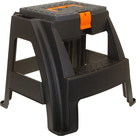 Opstap kruk - grijs/oranje - 47 x 41,5 x 42 cm - met afsluitbaar opbergvak en handgreep keukenkruk -