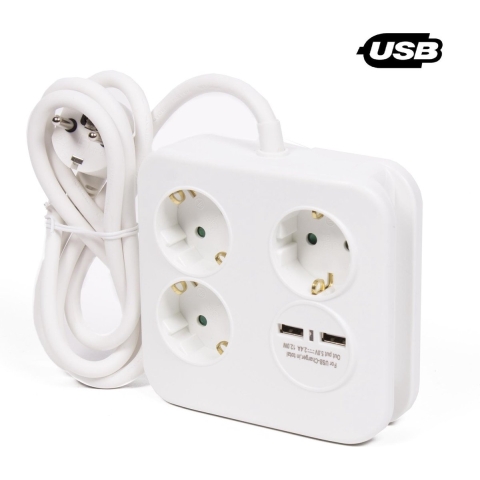 Benson Stekkerdoos 3-voudig met USB - geaard - wit - snoer van 150 cm - verlengsnoer -
