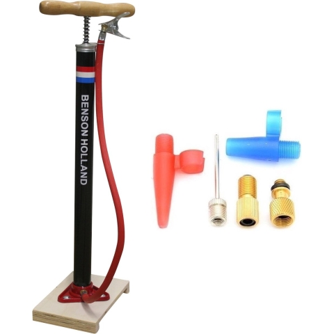 Klassieke fietspomp met houten plank inclusief 5-delige nippelset -