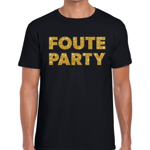 Foute party gouden glitter tekst t-shirt zwart heren - Foute party kleding XL -