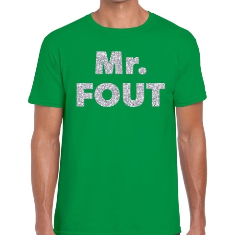 Mr. Fout zilveren glitter tekst t-shirt groen heren M -