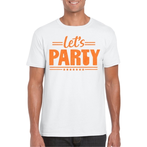 Verkleed T-shirt voor heren - lets party - wit - glitter oranje - carnaval/themafeest L -