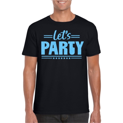 Verkleed T-shirt voor heren - lets party - zwart - glitter blauw - carnaval/themafeest 2XL -