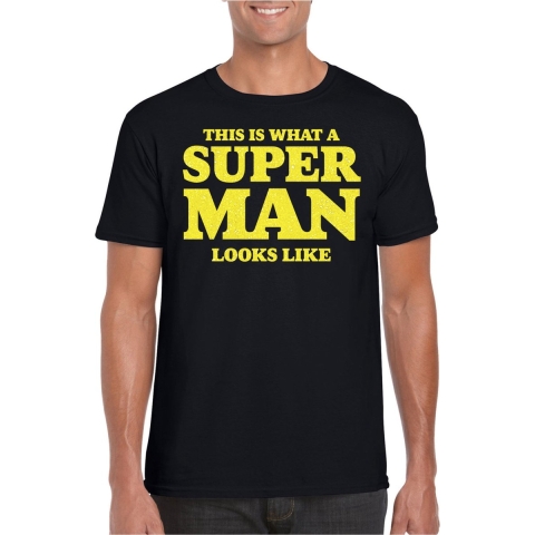Verkleed T-shirt voor heren - super man - zwart - glitter geel - carnaval/themafeest - Vaderdag 2XL -