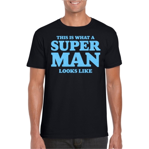 Verkleed T-shirt voor heren - super man - zwart - glitter blauw - carnaval/themafeest - Vaderdag 2XL -