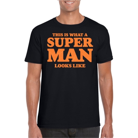 Verkleed T-shirt voor heren - super man - zwart - glitter oranje - carnaval/themafeest - Vaderdag S -
