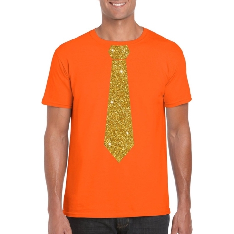Oranje fun t-shirt met stropdas in glitter goud heren XL -