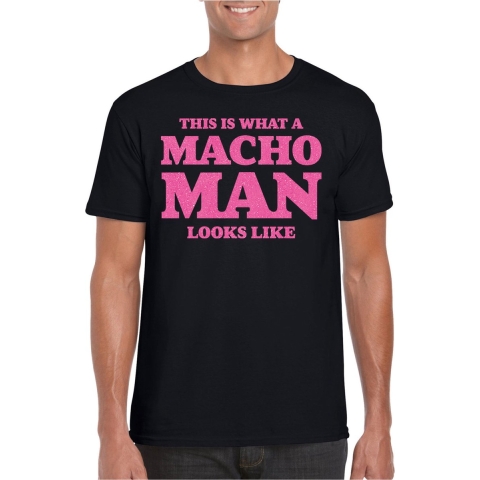 Foute party t-shirt voor heren - macho man - zwart - glitter roze - carnaval/themafeest S -