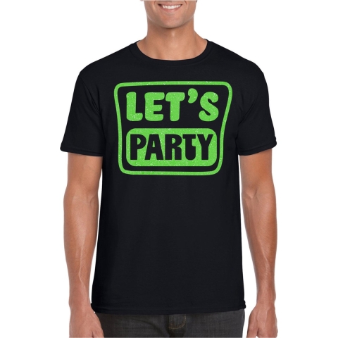 Verkleed T-shirt voor heren - lets party - zwart - glitter groen - carnaval/themafeest M -