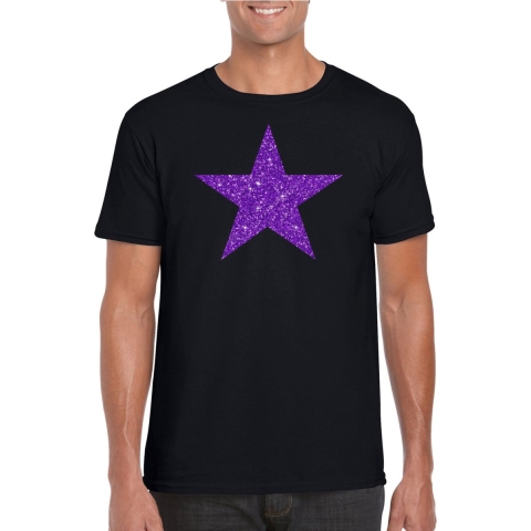 Verkleed T-shirt voor heren - ster - zwart - paars glitter - carnaval/themafeest XL -