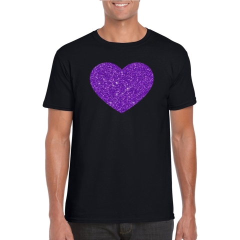 Verkleed T-shirt voor heren - hartje - zwart - paars glitter - carnaval/themafeest XL -