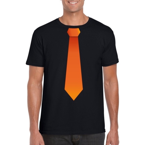 Zwart t-shirt met oranje stropdas heren 2XL -