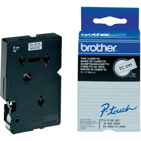 Brother TC-291 Labeltape Kunststof Tapekleur: Wit Tekstkleur: Zwart 9 mm 7.7 m
