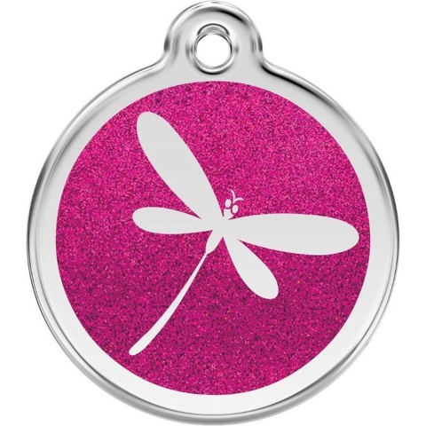 Dragonfly Hot Pink glitter hondenpenning medium/gemiddeld dia. 3 cm - Reddingo