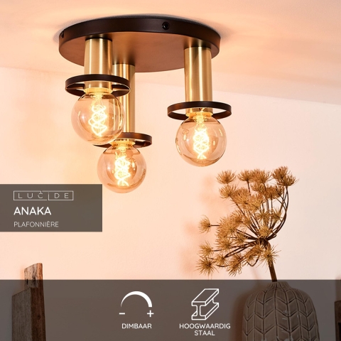 Lucide Anaka - Plafondverlichting - Ø 30 X 17,5 Cm - Zwart En Satijn Messing
