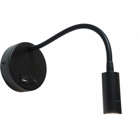 Artdelight Flex-USB - Wandverlichting Met Schakelaar En USB-poort - Ø 11 X 34 Cm - 3W LED Incl. - Zwart