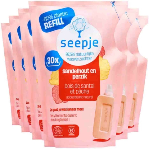 6x Seepje Wasverzachter Navulling Sandelhout en Perzik 30 Wasbeurten 750 ml