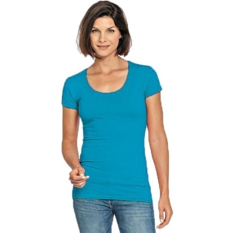Bodyfit dames t-shirt turquoise met ronde hals S (36) -