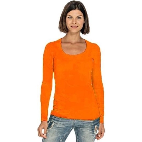 Lemon & Soda Bodyfit dames shirt lange mouwen - oranje - Dameskleding basic t-shirts M (38) -