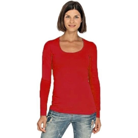 Lemon & Soda Bodyfit dames shirt lange mouwen - rood - Dameskleding basic t-shirts XL (42) -