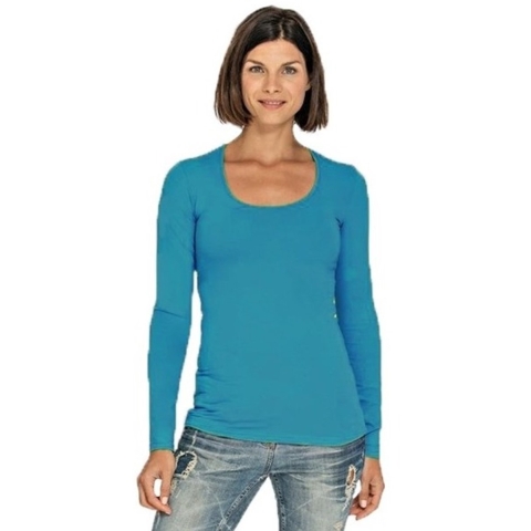 Lemon & Soda Bodyfit dames shirt lange mouwen - turquoise - Dameskleding basic t-shirts M (38) -