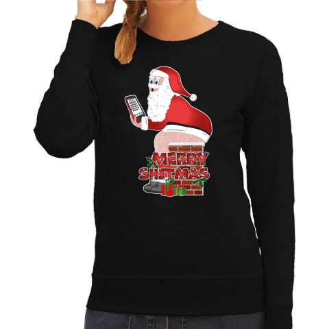 Foute Kersttrui/sweater voor dames - Merry Shitmas - zwart - kerstman op de WC 2XL -