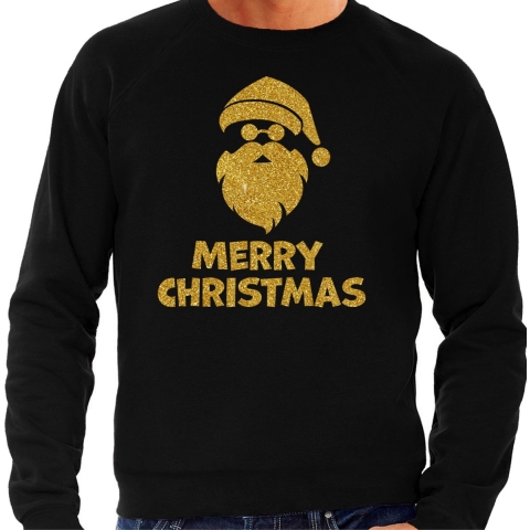 Foute Kersttrui/sweater voor heren - Merry Christmas - zwart - glitter goud - kerstman S -